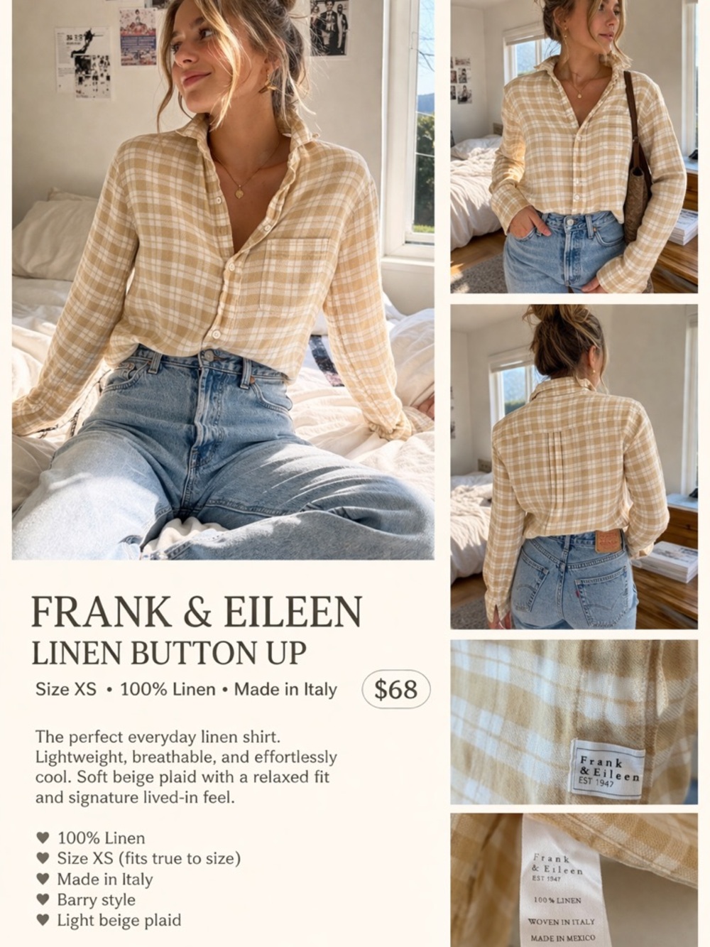 Frank & Eileen Barry Linen Button-Up Plaid Shirt XS Beige Coastal